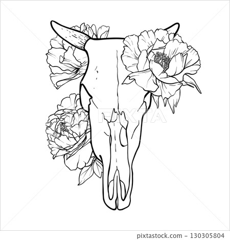 Bull Skull in the flowers. Hand drawn black and white vector illustration of a bull skull with horns. Skeleton and Peonies in line art style. Graphics outline element bones and flowers. EPS10 130305804