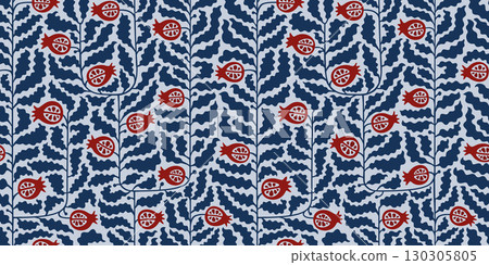 Abstract geometric botanical pomegranate foliage vector seamless pattern. Modern wavy leaves, contemporary fruits background for fabric, package, wrapping paper. 130305805