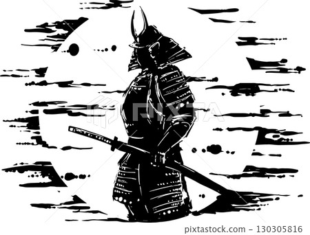 Sumi-e illustration of a samurai with the moon behind him 130305816