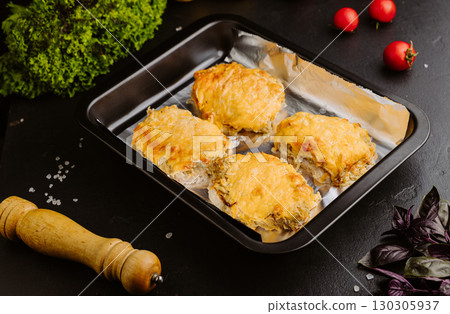 Baked chicken with cheese crust in a baking tray, homemade comfort food on dark background Baked chicken with cheese crust in a baking tray, homemade comfort food on dark background 130305937