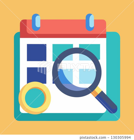 Colorful flat style calendar icon with magnifying glass for searching dates, reminders, and events. Vector concept of time management and scheduling. 130305994