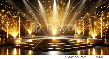 Stage Illuminated by Golden Light Lamps. Generative AI Stage Illuminated by Golden Light Lamps. Generative AI 130306038