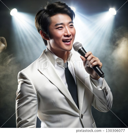 Businessman Holding Microphone. Generative AI 130306077