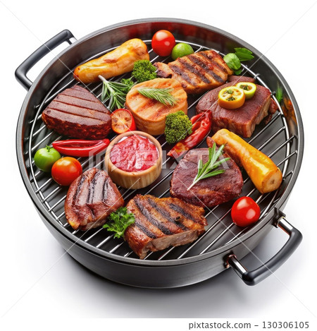 Grilled Meat and Vegetables on the BBQ. Generative AI 130306105