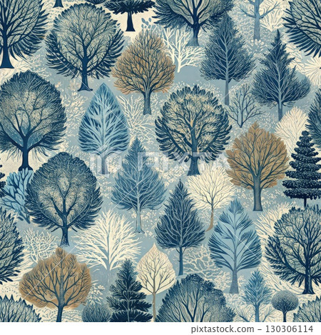 Blue and Brown Tree Pattern on White Background. Generative AI Blue and Brown Tree Pattern on White Background. Generative AI 130306114