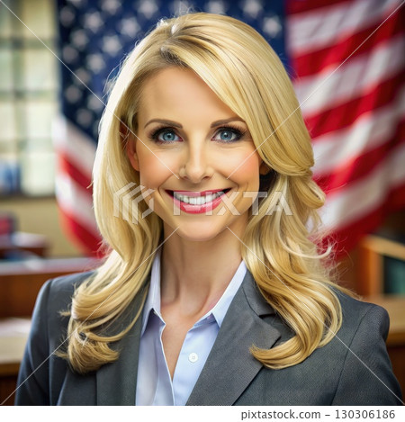 Woman in Business Suit Standing in Front of American Flag. Generative AI Woman in Business Suit Standing in Front of American Flag. Generative AI 130306186