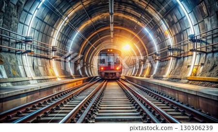 Train Traveling Through Tunnel Filled With Tracks. Generative AI 130306239