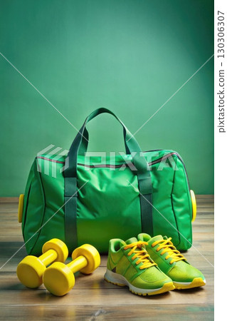 Green Duffel Bag With Yellow Dumbbells and Yellow Shoes. Generative AI 130306307