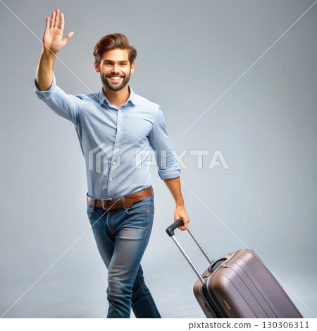Man Walking With Suitcase and Waving. Generative AI 130306311