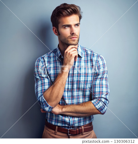Man in Plaid Shirt Leaning Against Wall. Generative AI Man in Plaid Shirt Leaning Against Wall. Generative AI 130306312