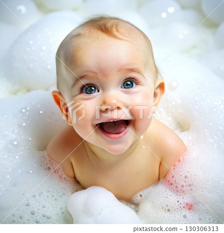 Smiling Baby Sitting in a Bubble Bath. Generative AI 130306313