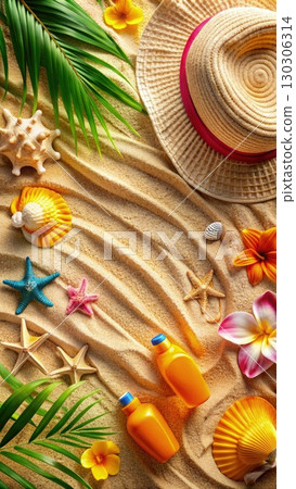 Beach Scene With Shells, Starfish, and a Hat. Generative AI Beach Scene With Shells, Starfish, and a Hat. Generative AI 130306314