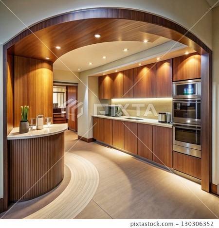 Modern Kitchen With Curved Counter Top and Wooden Cabinets. Generative AI Modern Kitchen With Curved Counter Top and Wooden Cabinets. Generative AI 130306352