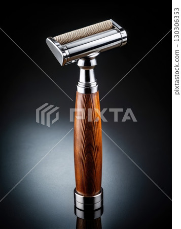 Wooden and Metal Shaving Brush on Black Background. Generative AI 130306353