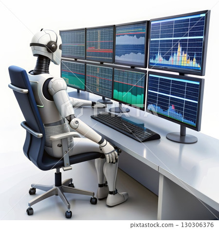 Robot Analyzing Data on Computer Monitor. Generative AI Robot Analyzing Data on Computer Monitor. Generative AI 130306376