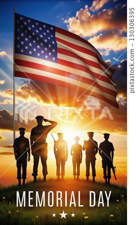 Group of Soldiers Standing in Front of American Flag. Generative AI 130306395