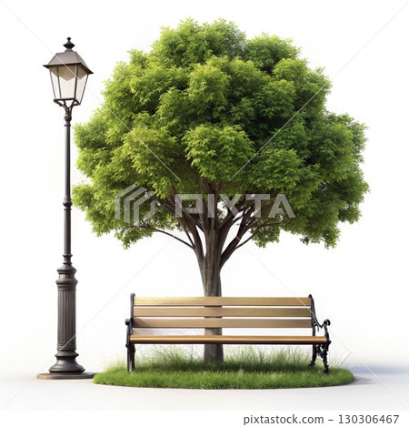 Bench Under Tree Next to Lamp Post. Generative AI 130306467