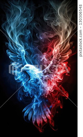 Bird Displaying Red, White, and Blue Tail Feathers. Generative AI 130306548