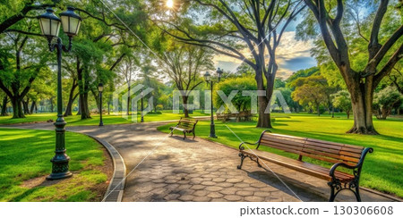 Lush Urban Park With Trees and Benches. Generative AI 130306608