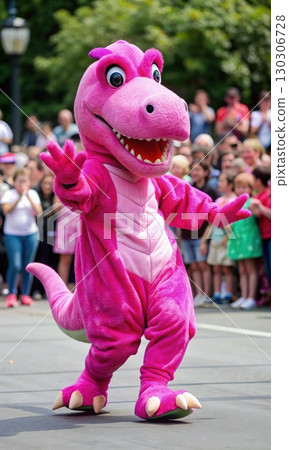 Person in Pink Dinosaur Costume Dancing on Street. Generative AI 130306728