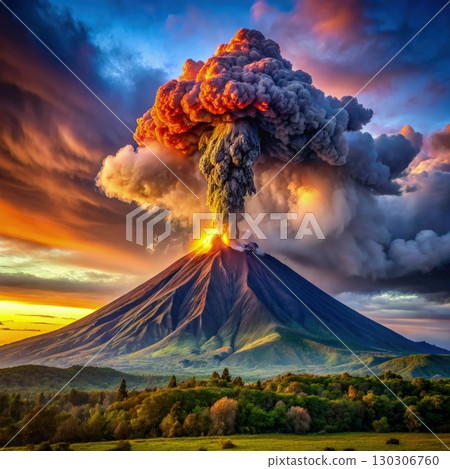Volcano Erupts Smoke Into Sky. Generative AI 130306760