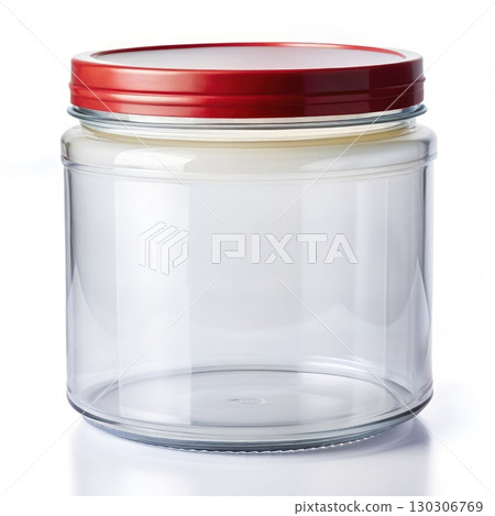 Glass Jar With Red Lid on White Surface. Generative AI 130306769