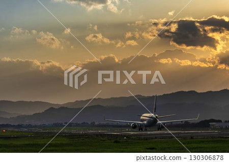 Sendai Airport at dusk, airplane taking off, Natori City, Miyagi Prefecture 130306878