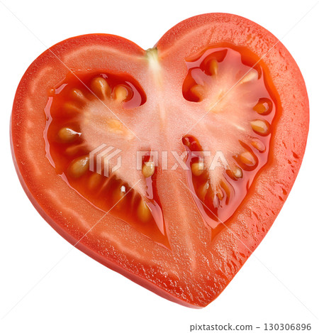 Heart-shaped tomato half with seeds, fresh red vegetable isolated on transparent background Heart-shaped tomato half with seeds, fresh red vegetable isolated on transparent background 130306896