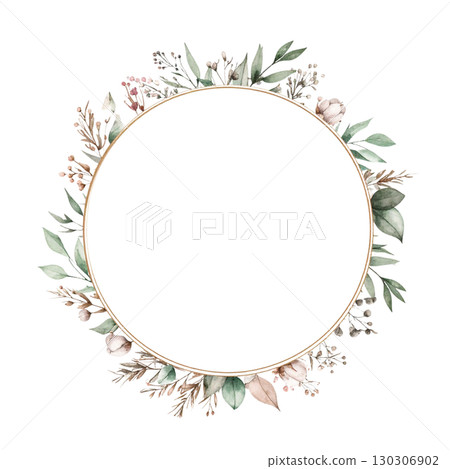 有鮮花和綠色植物的美麗圓形框架 130306902