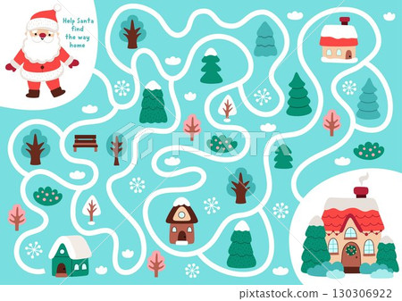 Christmas village maze for children with cute Santa Claus searching his way home. Funny detailed labyrinth game with Father Frost, snowy house. Winter holiday printable activity, worksheet Christmas village maze for children with cute Santa Claus searching his way home. Funny detailed labyrinth game with Father Frost, snowy house. Winter holiday printable activity, worksheet 130306922