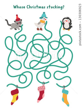 Christmas village maze for children with cute animals and stockings. Funny labyrinth game with tangled string with gift socks, penguin, goose, cat. Winter holiday printable activity, worksheet Christmas village maze for children with cute animals and stockings. Funny labyrinth game with tangled string with gift socks, penguin, goose, cat. Winter holiday printable activity, worksheet 130306923