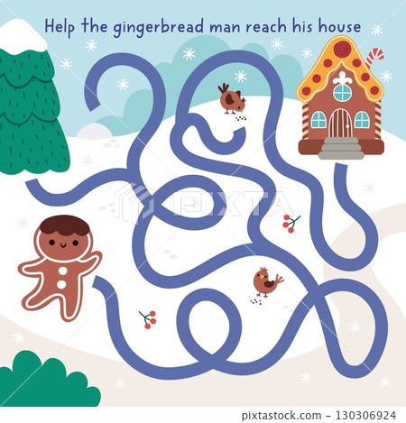 Christmas village maze for children with gingerbread man searching his house. Funny labyrinth game with traditional cookie and his home. Winter holiday printable activity, worksheet Christmas village maze for children with gingerbread man searching his house. Funny labyrinth game with traditional cookie and his home. Winter holiday printable activity, worksheet 130306924