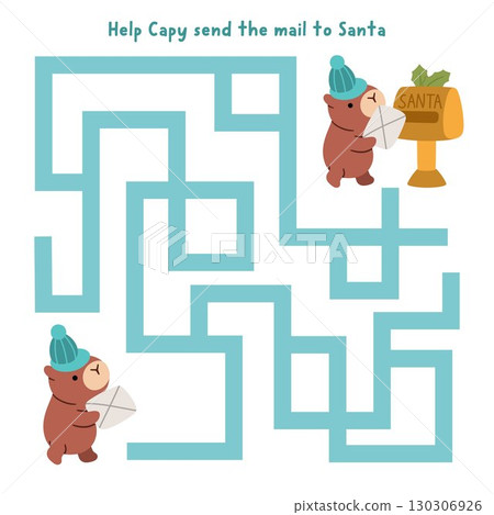 Christmas village geometrical maze for children with cute capybara searching way to Santa mail. Funny labyrinth game with animal, post box, letter. Winter holiday printable activity, worksheet Christmas village geometrical maze for children with cute capybara searching way to Santa mail. Funny labyrinth game with animal, post box, letter. Winter holiday printable activity, worksheet 130306926