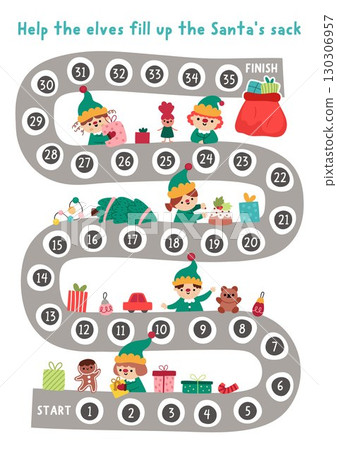 Christmas village board game for children with cute elves filling up Santa Claus sack with presents on toy factory. Funny boardgame with conveyor belt. Winter holiday printable activity, worksheet Christmas village board game for children with cute elves filling up Santa Claus sack with presents on toy factory. Funny boardgame with conveyor belt. Winter holiday printable activity, worksheet 130306957