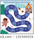 Christmas village board game for children with cute gingerbread man going home. Funny boardgame with snowy landscape, traditional character, house. Winter holiday printable activity 130306958