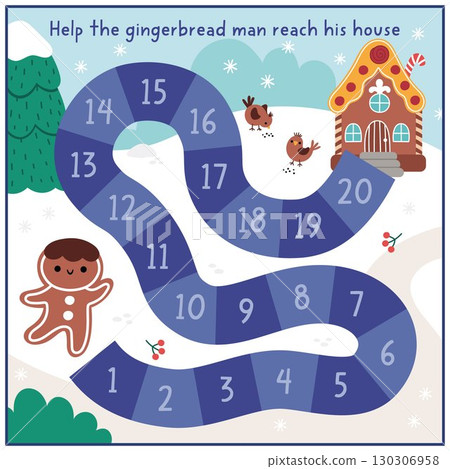 Christmas village board game for children with cute gingerbread man going home. Funny boardgame with snowy landscape, traditional character, house. Winter holiday printable activity Christmas village board game for children with cute gingerbread man going home. Funny boardgame with snowy landscape, traditional character, house. Winter holiday printable activity 130306958