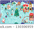Christmas village maze for children with cute animals and Santa Claus going to fir tree. Funny detailed labyrinth game with market, houses, deer. Winter holiday printable activity, worksheet 130306959