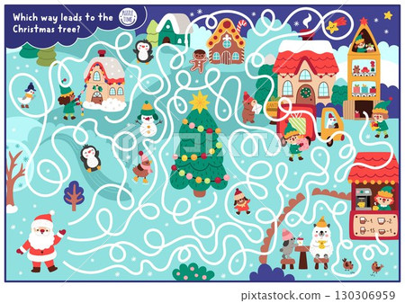 Christmas village maze for children with cute animals and Santa Claus going to fir tree. Funny detailed labyrinth game with market, houses, deer. Winter holiday printable activity, worksheet 130306959