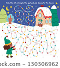 Christmas village maze for children with cute elf decorating house with garland. Funny labyrinth game with dwarf untangling lights and ornaments. Winter holiday printable activity, worksheet 130306962
