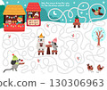 Christmas village maze for children with cute mouse bringing cake to market stall or fair. Funny labyrinth game with animals, holiday treats, snowy landscape. Winter printable activity, worksheet 130306963