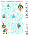 Christmas village maze for children with cute elf bringing scarf to snowman. Funny simple labyrinth game with traditional characters, snowy trees. Winter holiday printable activity, worksheet 130306964