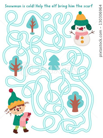 Christmas village maze for children with cute elf bringing scarf to snowman. Funny simple labyrinth game with traditional characters, snowy trees. Winter holiday printable activity, worksheet 130306964