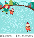 Christmas village maze for children with cute elf teaching puppy skate on skating rink. Funny detailed labyrinth game with traditional characters. Winter holiday printable activity, worksheet 130306965