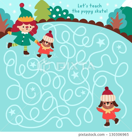 Christmas village maze for children with cute elf teaching puppy skate on skating rink. Funny detailed labyrinth game with traditional characters. Winter holiday printable activity, worksheet 130306965