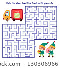 Christmas village geometrical maze for children with cute elves loading truck with presents. Labyrinth game with dwarfs, delivery car, gifts. Winter holiday printable activity, worksheet 130306966