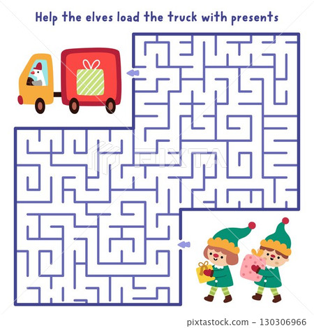Christmas village geometrical maze for children with cute elves loading truck with presents. Labyrinth game with dwarfs, delivery car, gifts. Winter holiday printable activity, worksheet 130306966