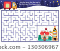 Christmas village maze for children with truck searching way to factory of presents. Funny labyrinth game with cute goose driving car to gift plant. Winter holiday printable activity, worksheet 130306967