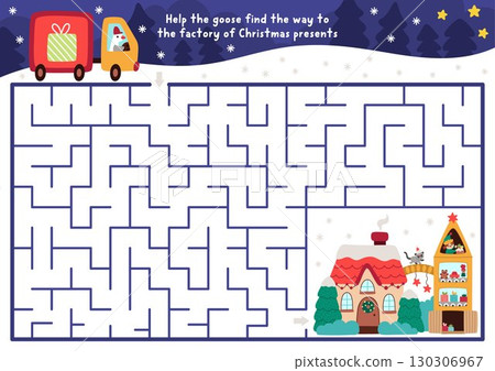 Christmas village maze for children with truck searching way to factory of presents. Funny labyrinth game with cute goose driving car to gift plant. Winter holiday printable activity, worksheet Christmas village maze for children with truck searching way to factory of presents. Funny labyrinth game with cute goose driving car to gift plant. Winter holiday printable activity, worksheet 130306967