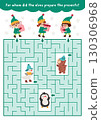 Christmas village geometrical maze for children with elves giving presents to animals. Funny labyrinth game with capybara, goose, penguin, gifts. Winter holiday printable activity, worksheet 130306968