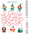 Christmas village maze for children with cute elves and their houses. Funny labyrinth game with dwarfs and homes. Winter holiday printable activity, worksheet. Where live the gnomes 130306969
